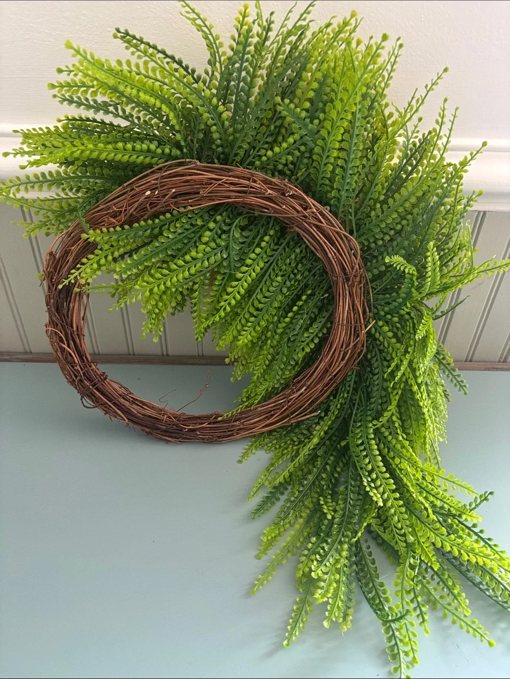 Floral decor/Green Fern and Cream Hydrangea Wreath with Burlap Bow